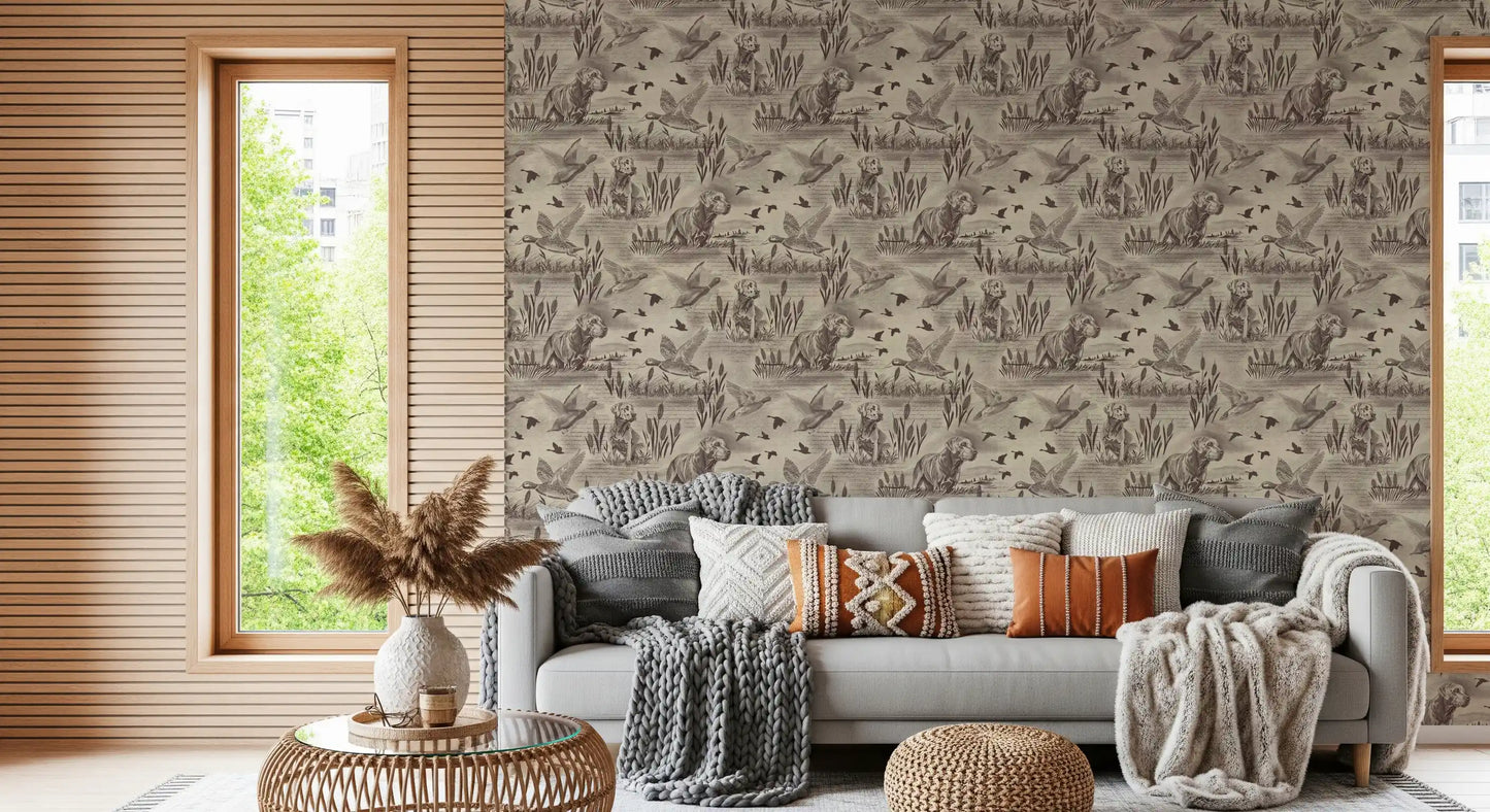Etched Wildlife Meadow and Retriever Pattern Wallpaper⁠