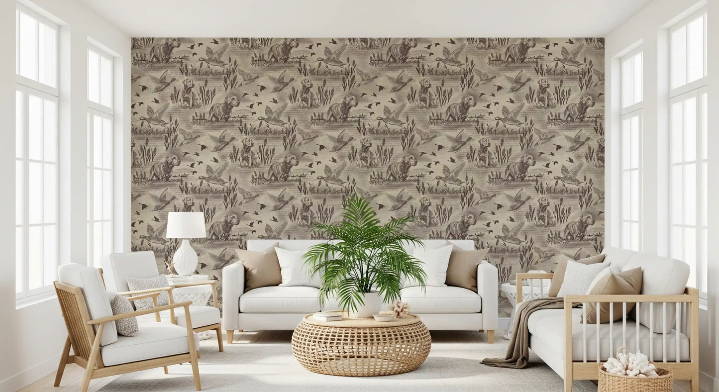 Etched Wildlife Meadow and Retriever Pattern Wallpaper⁠
