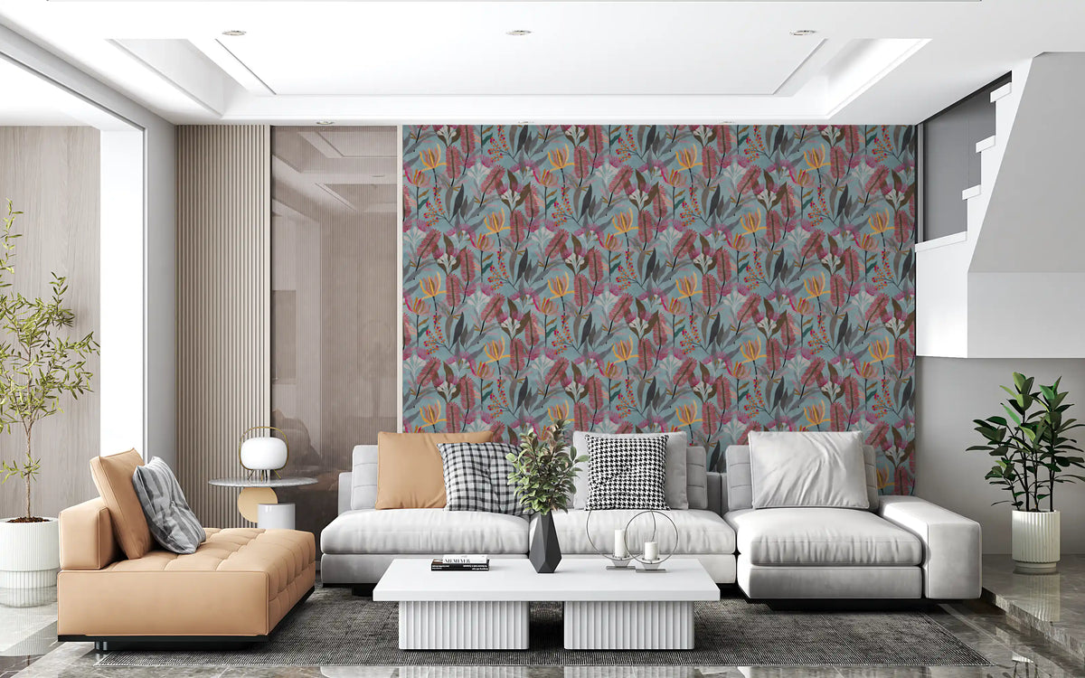 Wildflower wallpaper on a blue wall behind a tan and cream living room sofa GD12744