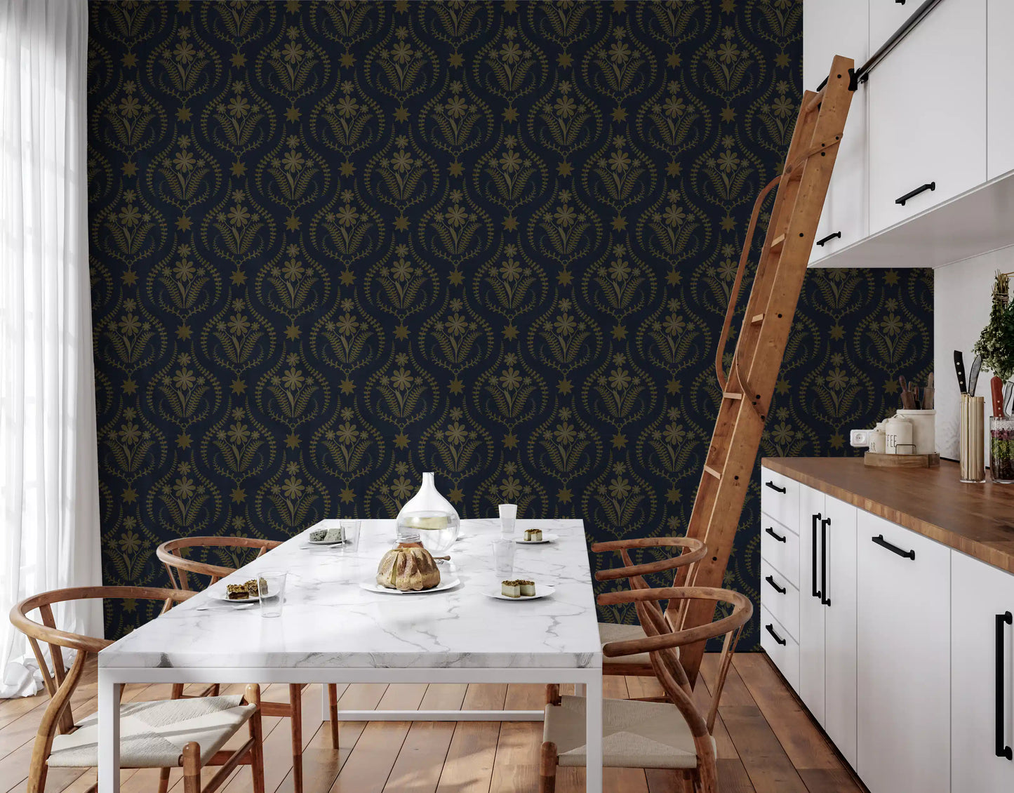 Midnight Floral Damask Pattern Wallpaper⁠