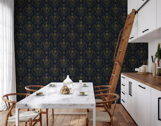 Midnight Floral Damask Pattern Wallpaper⁠