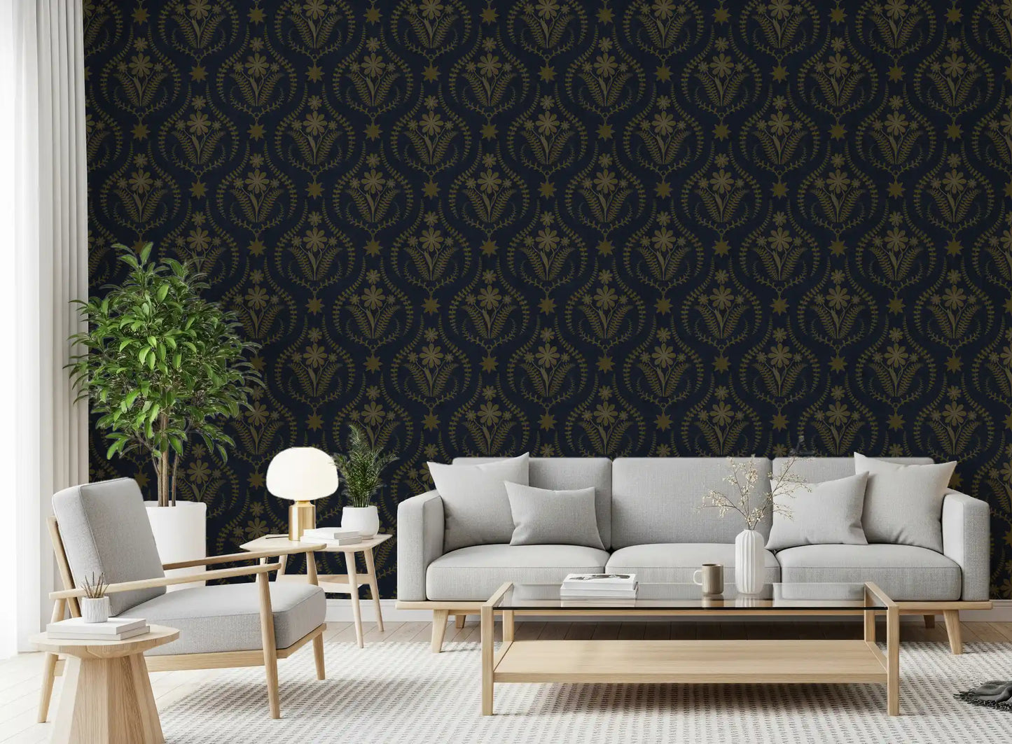 Midnight Floral Damask Pattern Wallpaper⁠