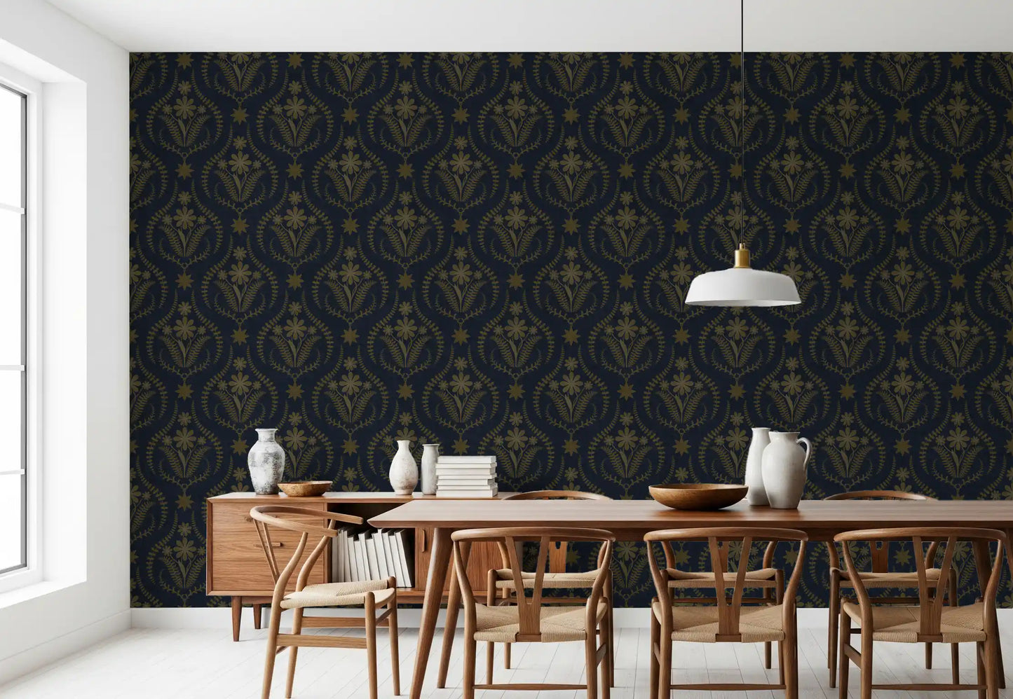 Midnight Floral Damask Pattern Wallpaper⁠