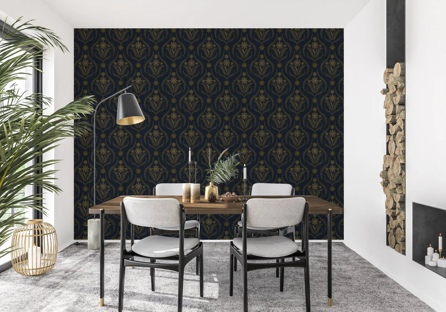 Midnight Floral Damask Pattern Wallpaper⁠