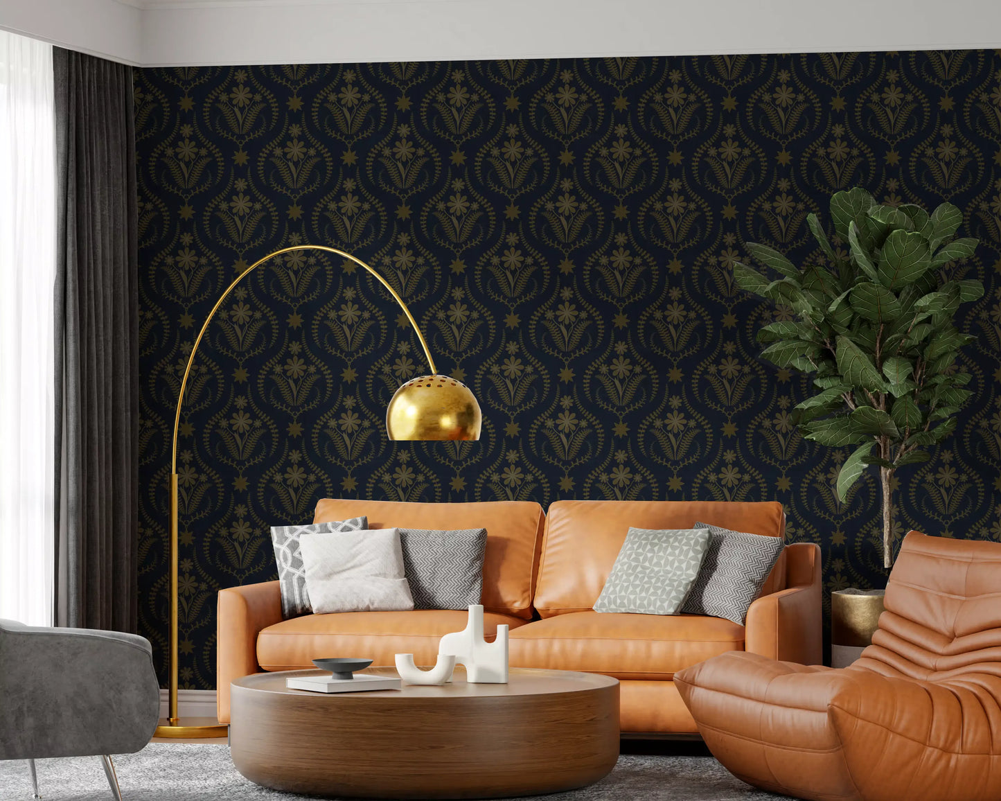 Midnight Floral Damask Pattern Wallpaper⁠