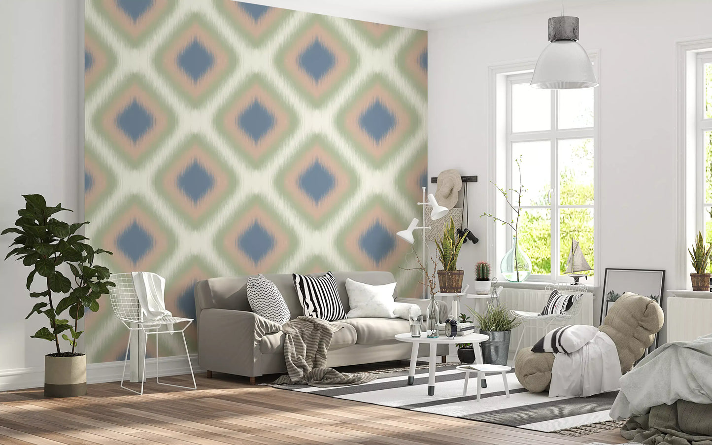 Heritage Ikat - Denim Blue and Blush Pink Grandmillennial Diamonds Wallpaper⁠