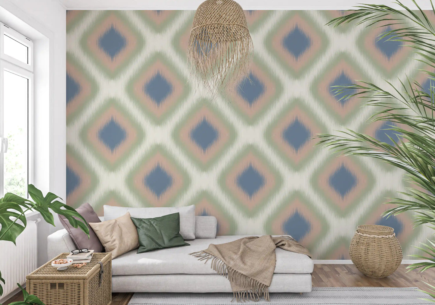 Heritage Ikat - Denim Blue and Blush Pink Grandmillennial Diamonds Wallpaper⁠