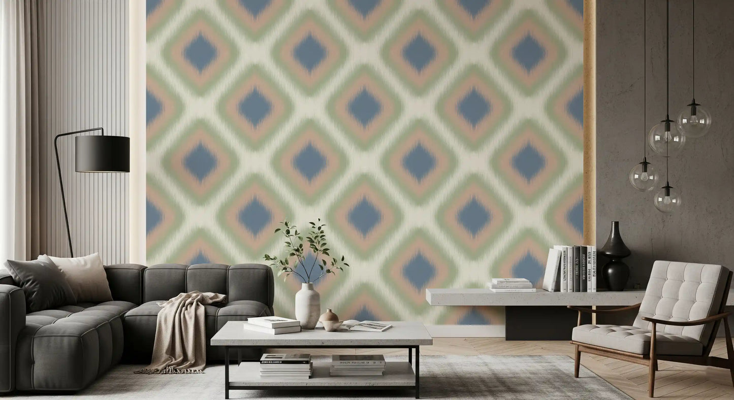 Heritage Ikat - Denim Blue and Blush Pink Grandmillennial Diamonds Wallpaper⁠