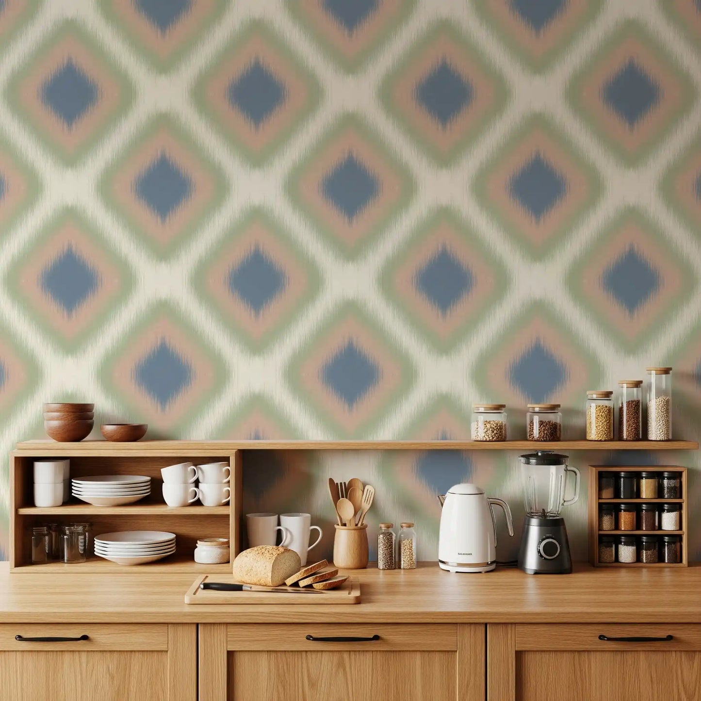 Heritage Ikat - Denim Blue and Blush Pink Grandmillennial Diamonds Wallpaper⁠