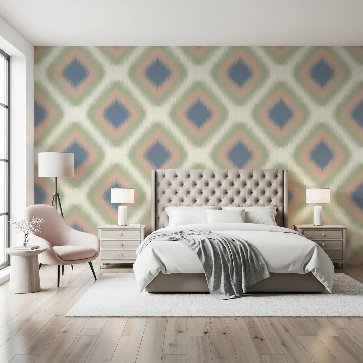 Heritage Ikat - Denim Blue and Blush Pink Grandmillennial Diamonds Wallpaper⁠