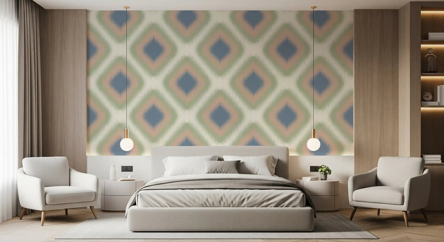Heritage Ikat - Denim Blue and Blush Pink Grandmillennial Diamonds Wallpaper⁠