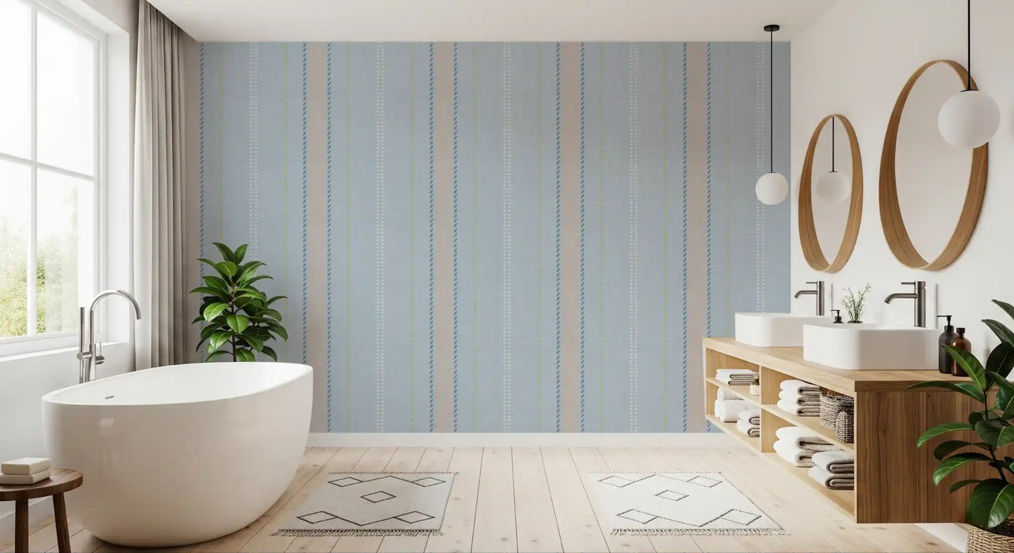 Heritager Ticking Stripes - Vintage French Blue & Blush Pink Linen Texture Wallpaper⁠