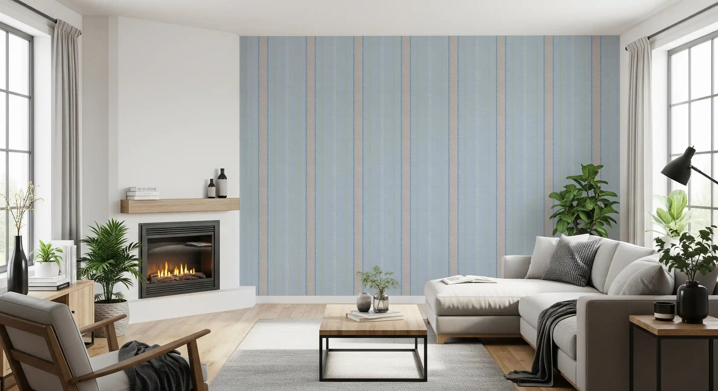 Heritager Ticking Stripes - Vintage French Blue & Blush Pink Linen Texture Wallpaper⁠