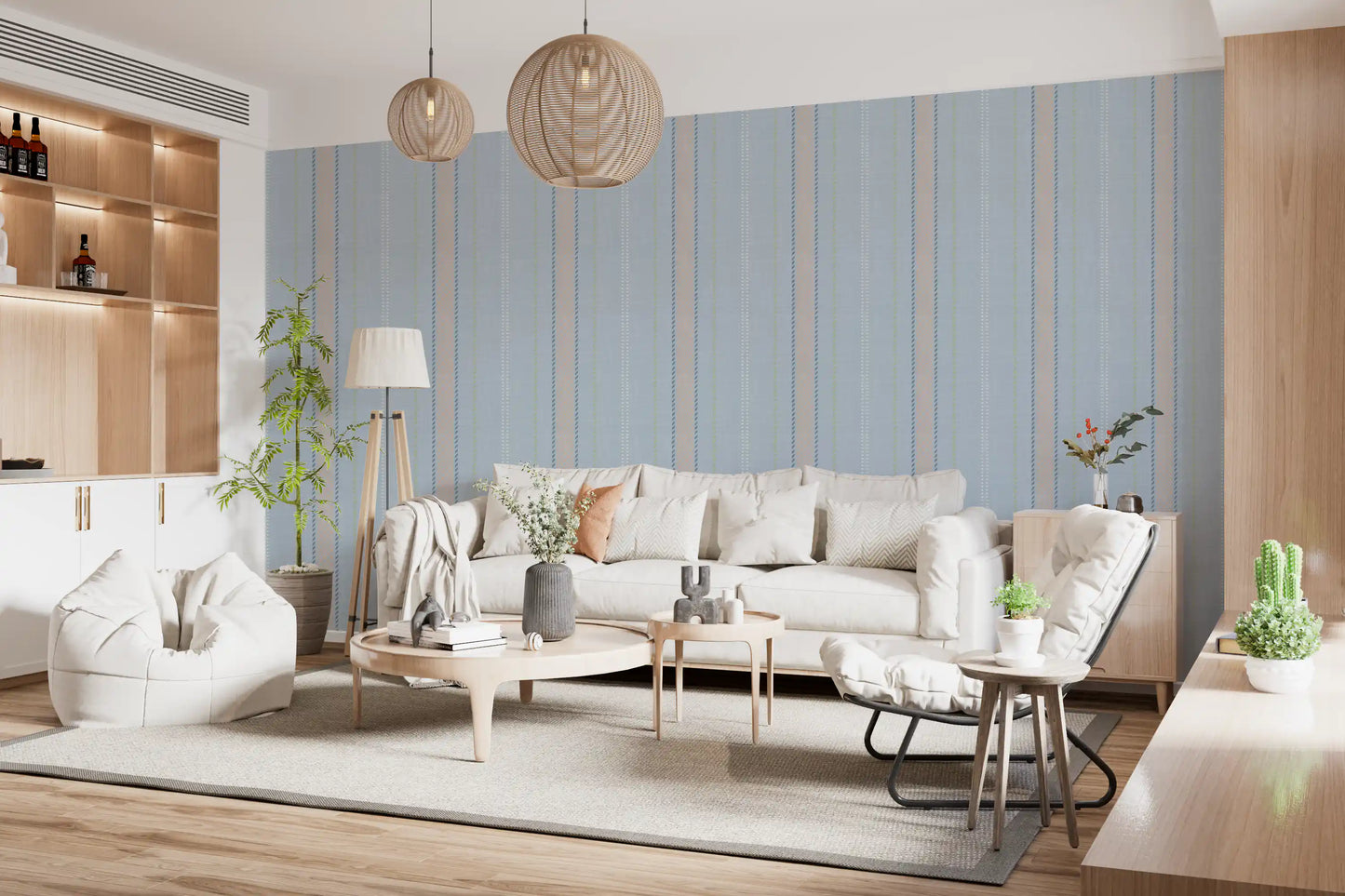 Heritager Ticking Stripes - Vintage French Blue & Blush Pink Linen Texture Wallpaper⁠