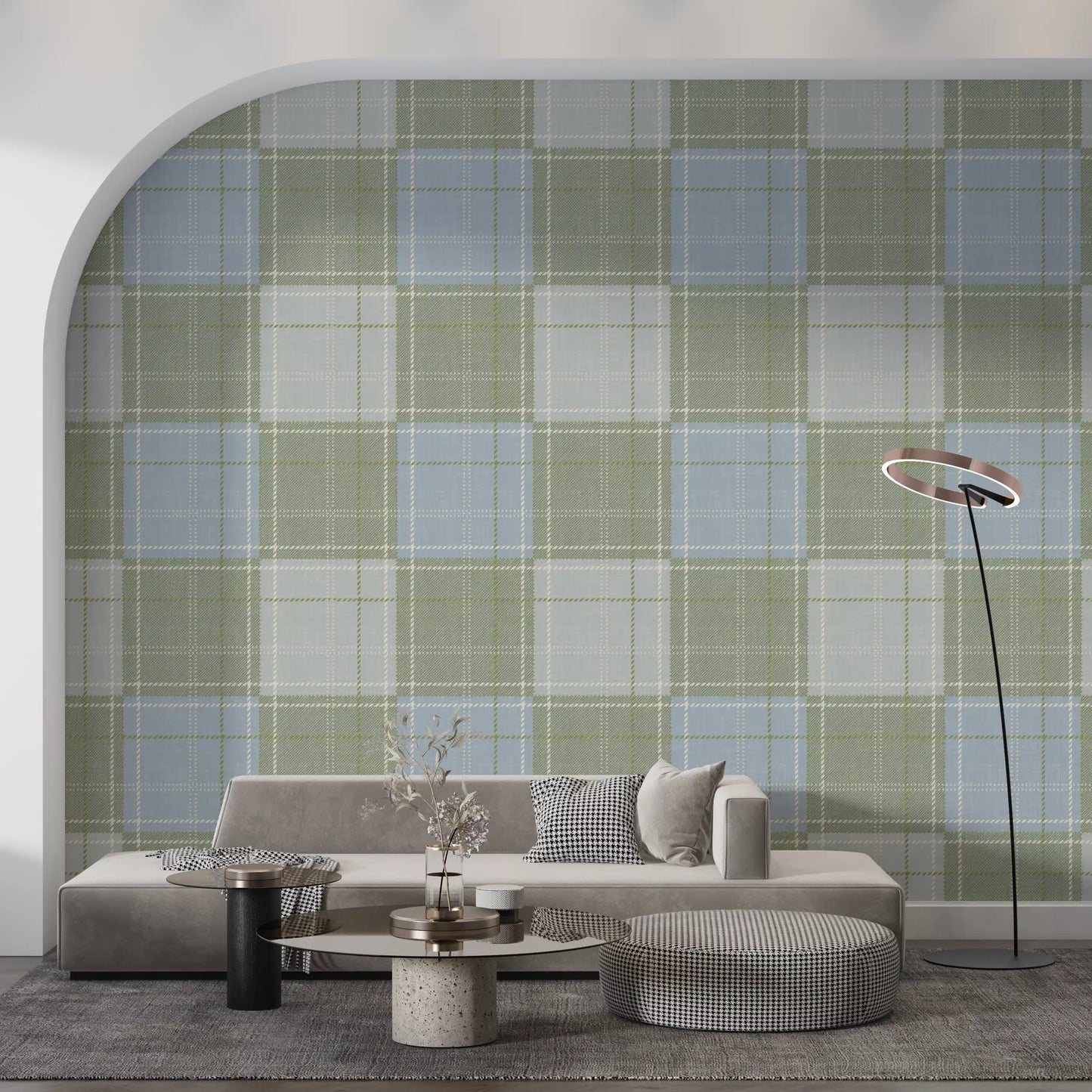 Heritage Plaid - Tartan Checkerboard Block Linen - Meadow Green & Blue Wallpaper⁠