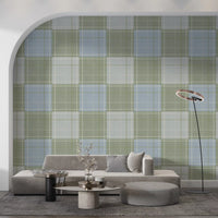 Heritage Plaid - Tartan Checkerboard Block Linen - Meadow Green & Blue Wallpaper⁠