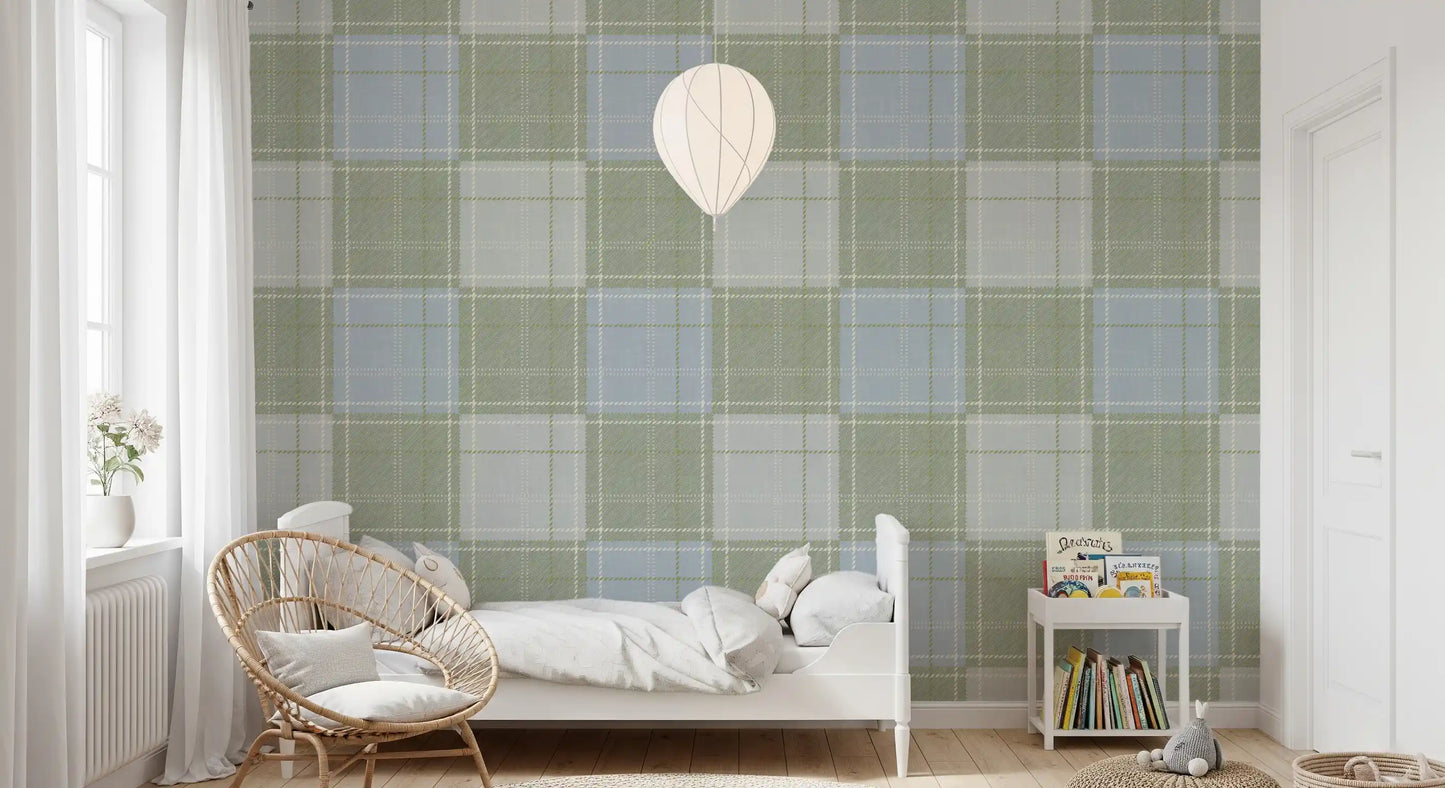 Heritage Plaid - Tartan Checkerboard Block Linen - Meadow Green & Blue Wallpaper⁠