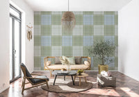 Heritage Plaid - Tartan Checkerboard Block Linen - Meadow Green & Blue Wallpaper⁠