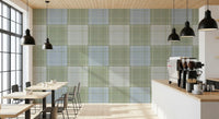Heritage Plaid - Tartan Checkerboard Block Linen - Meadow Green & Blue Wallpaper⁠