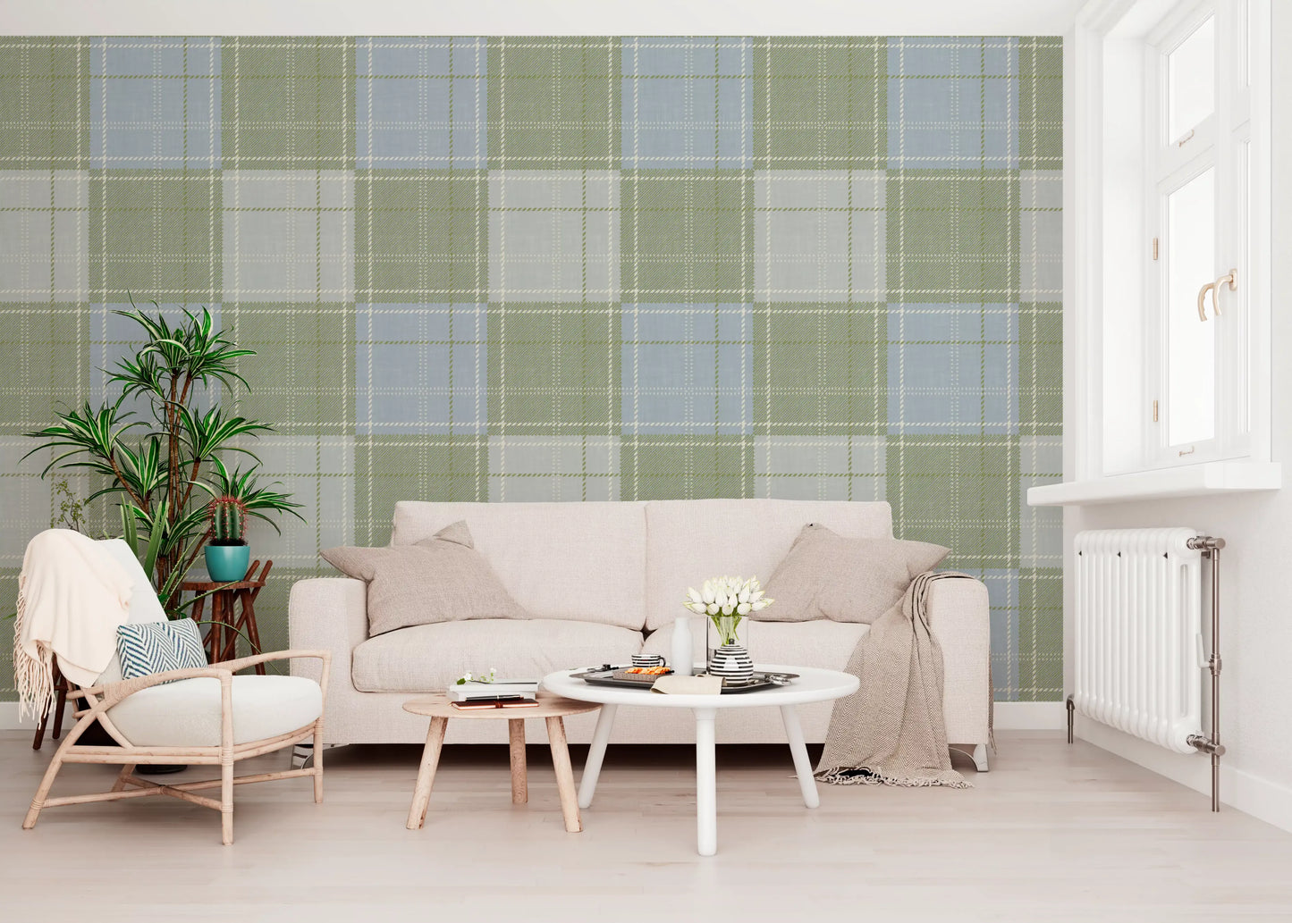 Heritage Plaid - Tartan Checkerboard Block Linen - Meadow Green & Blue Wallpaper⁠