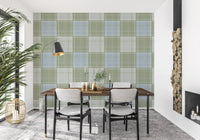 Heritage Plaid - Tartan Checkerboard Block Linen - Meadow Green & Blue Wallpaper⁠