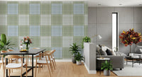 Heritage Plaid - Tartan Checkerboard Block Linen - Meadow Green & Blue Wallpaper⁠
