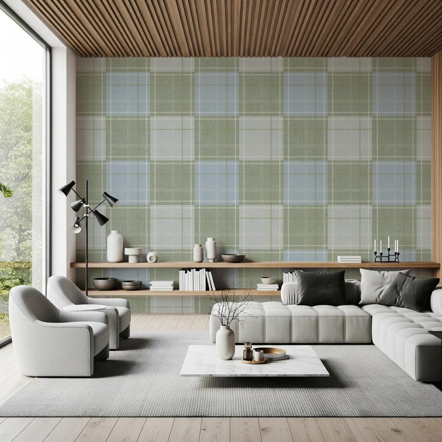Heritage Plaid - Tartan Checkerboard Block Linen - Meadow Green & Blue Wallpaper⁠