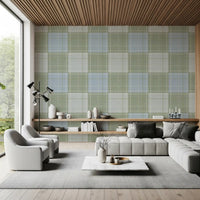 Heritage Plaid - Tartan Checkerboard Block Linen - Meadow Green & Blue Wallpaper⁠