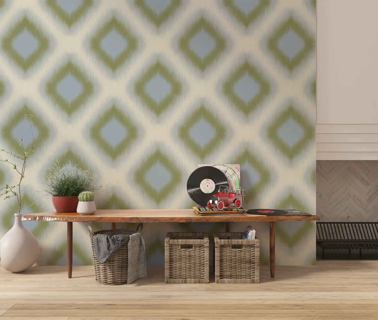 Heritage Ikat - Sage Green and French Blue Grandmillennial Diamonds Wallpaper⁠