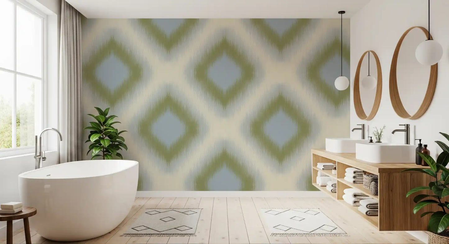 Heritage Ikat - Sage Green and French Blue Grandmillennial Diamonds Wallpaper⁠