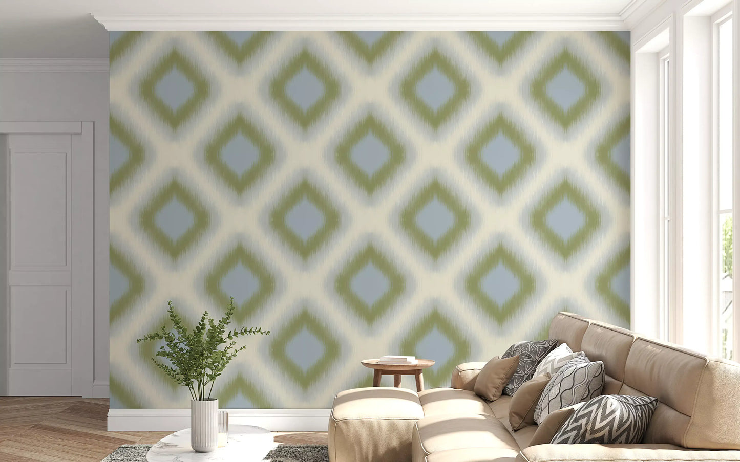 Heritage Ikat - Sage Green and French Blue Grandmillennial Diamonds Wallpaper⁠