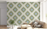 Heritage Ikat - Sage Green and French Blue Grandmillennial Diamonds Wallpaper⁠
