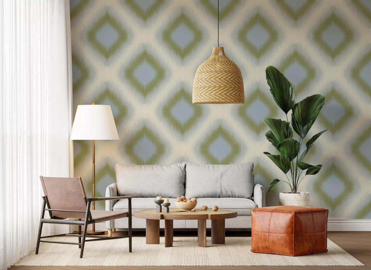 Heritage Ikat - Sage Green and French Blue Grandmillennial Diamonds Wallpaper⁠