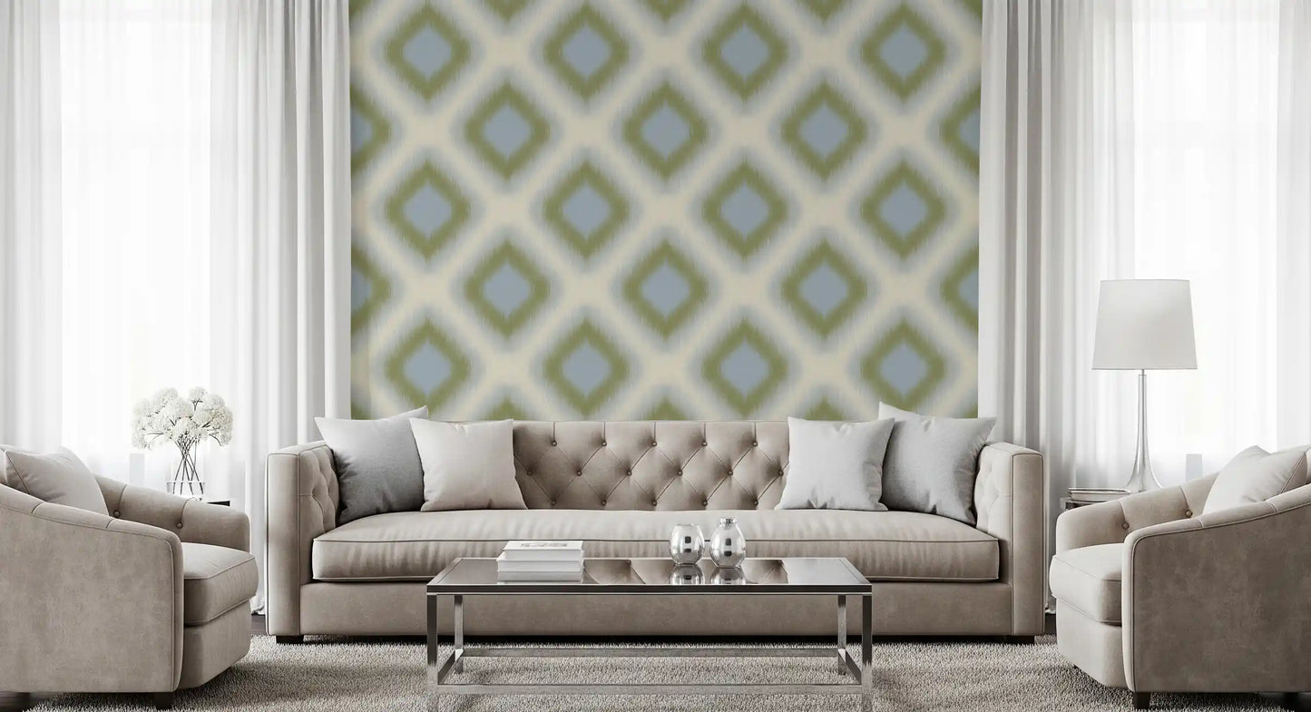 Heritage Ikat - Sage Green and French Blue Grandmillennial Diamonds Wallpaper⁠