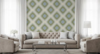 Heritage Ikat - Sage Green and French Blue Grandmillennial Diamonds Wallpaper⁠