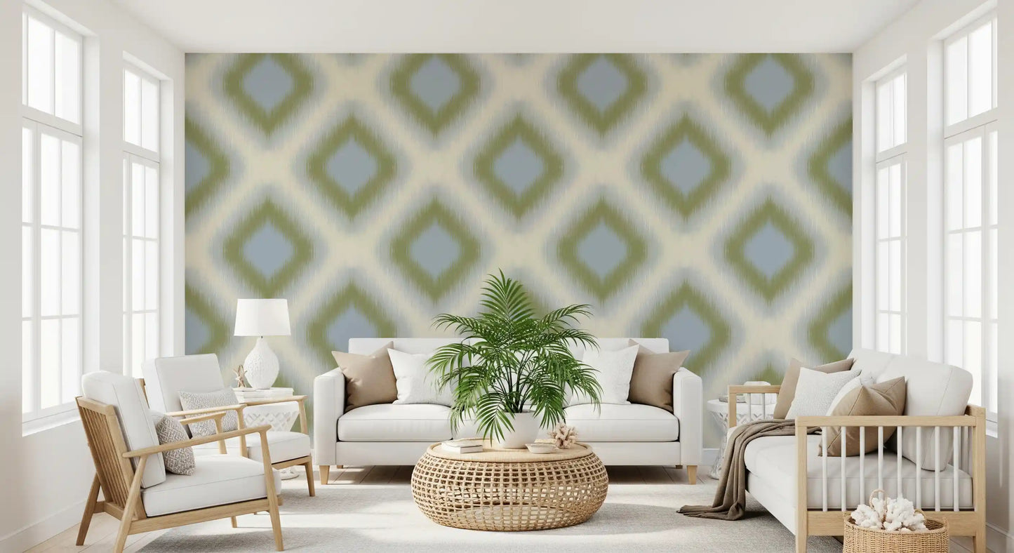 Heritage Ikat - Sage Green and French Blue Grandmillennial Diamonds Wallpaper⁠