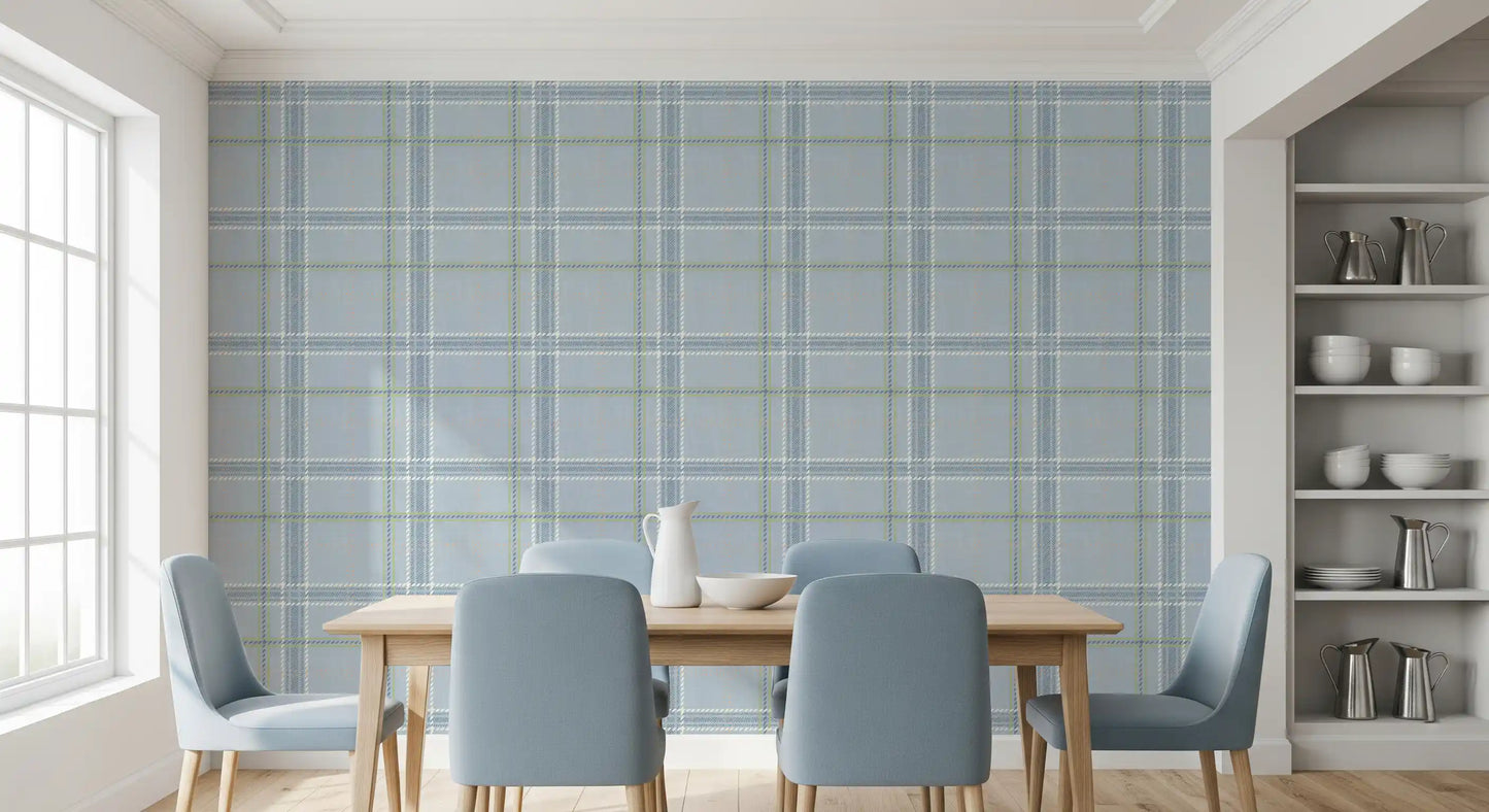 Heritage Plaid - Windowpane Tartan Check Linen - French Blue & Denim Blue Wallpaper⁠
