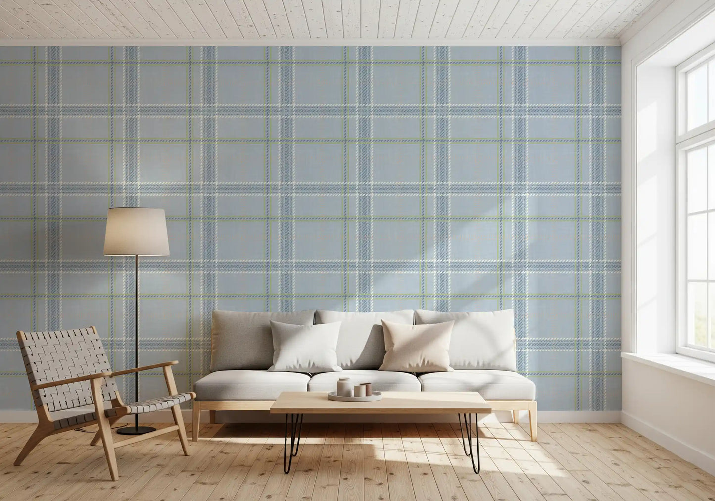 Heritage Plaid - Windowpane Tartan Check Linen - French Blue & Denim Blue Wallpaper⁠