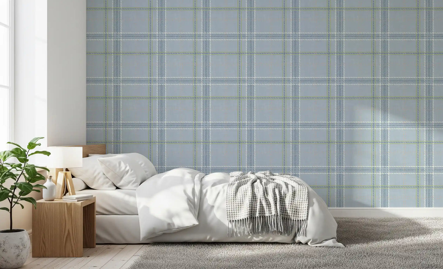 Heritage Plaid - Windowpane Tartan Check Linen - French Blue & Denim Blue Wallpaper⁠