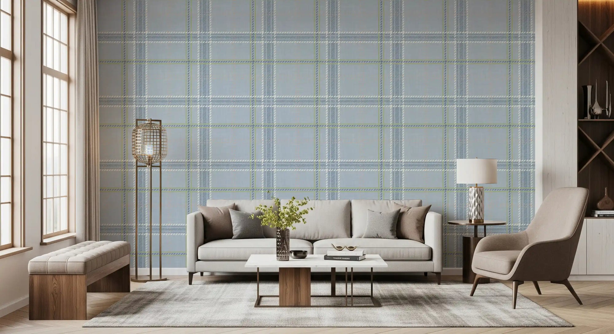 Heritage Plaid - Windowpane Tartan Check Linen - French Blue & Denim Blue Wallpaper⁠