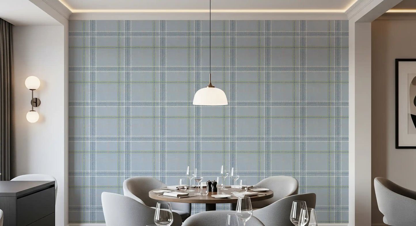 Heritage Plaid - Windowpane Tartan Check Linen - French Blue & Denim Blue Wallpaper⁠