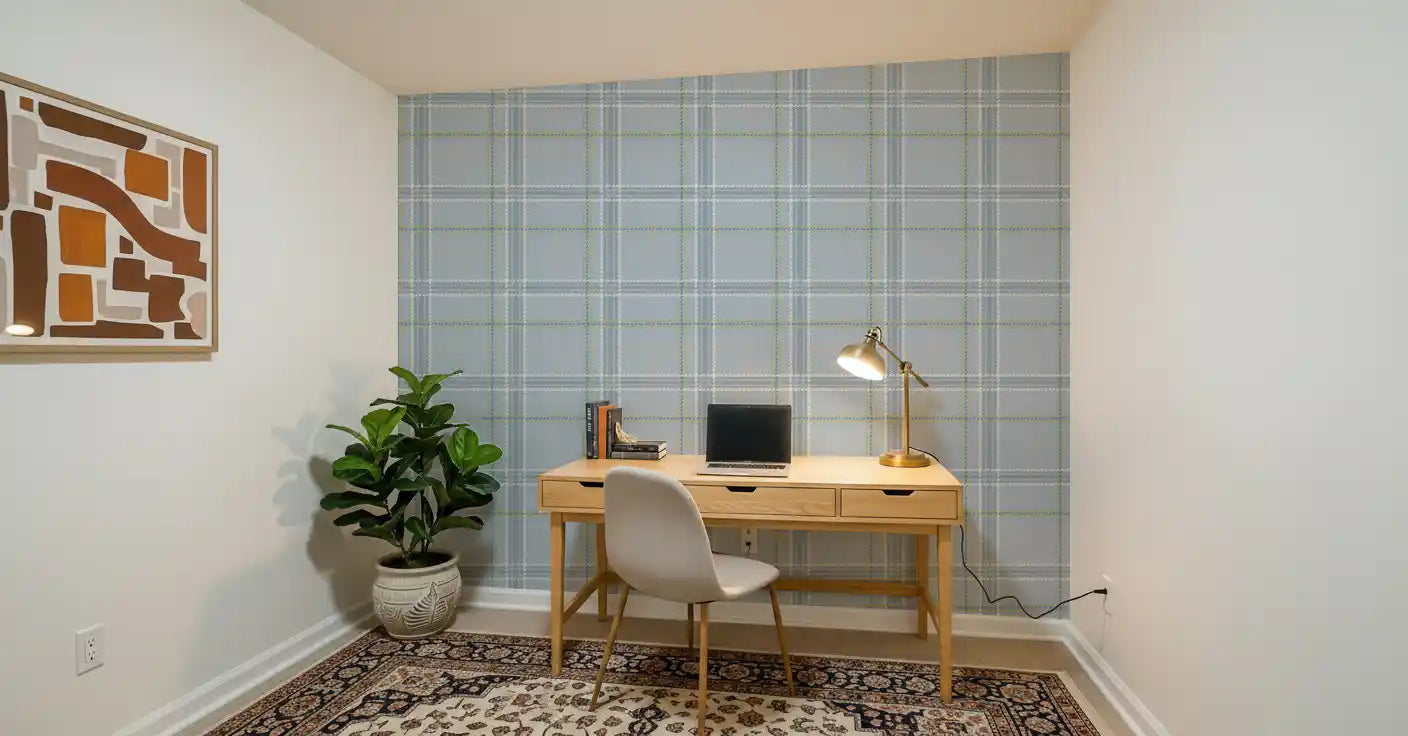 Heritage Plaid - Windowpane Tartan Check Linen - French Blue & Denim Blue Wallpaper⁠