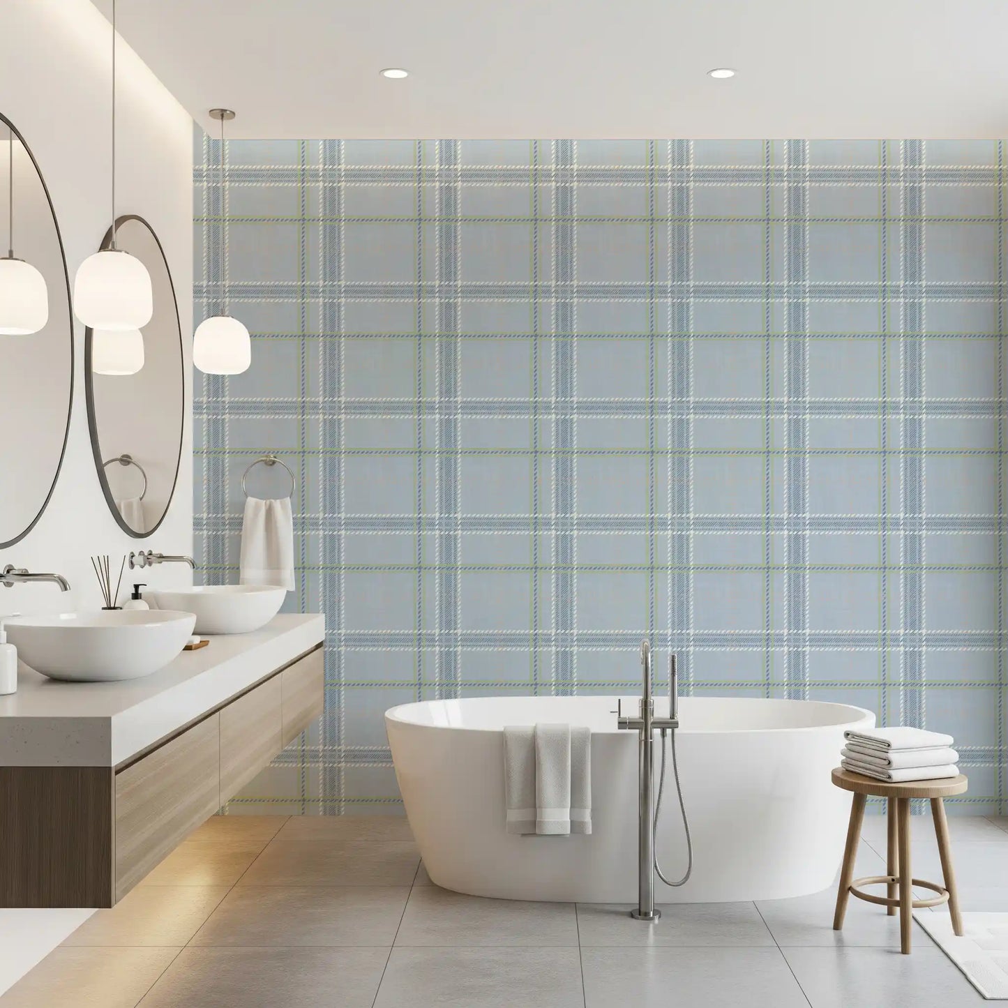 Heritage Plaid - Windowpane Tartan Check Linen - French Blue & Denim Blue Wallpaper⁠