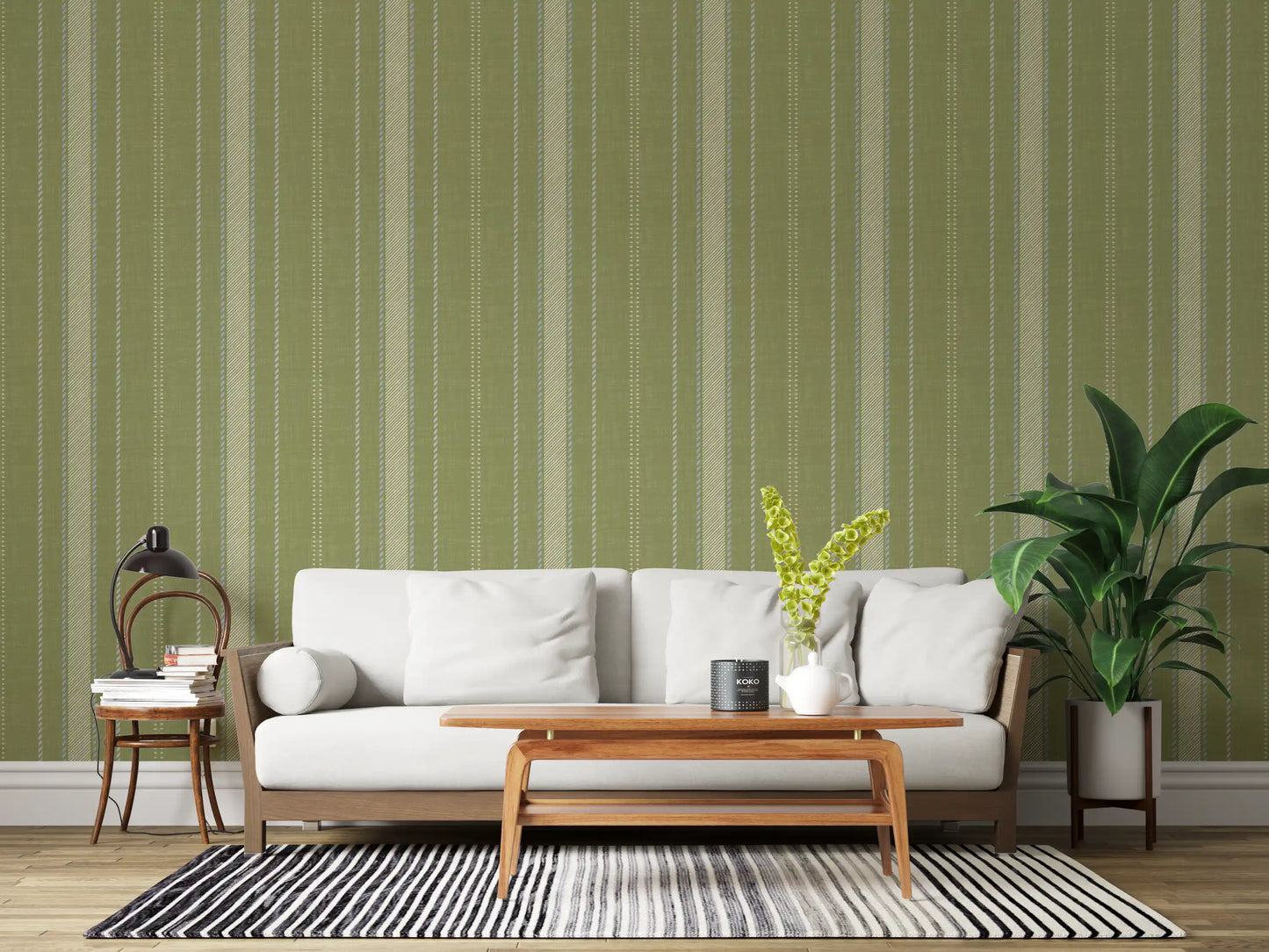 Heritage Ticking Stripes - Vintage Meadow Green & Chalk Linen Texture Wallpaper⁠