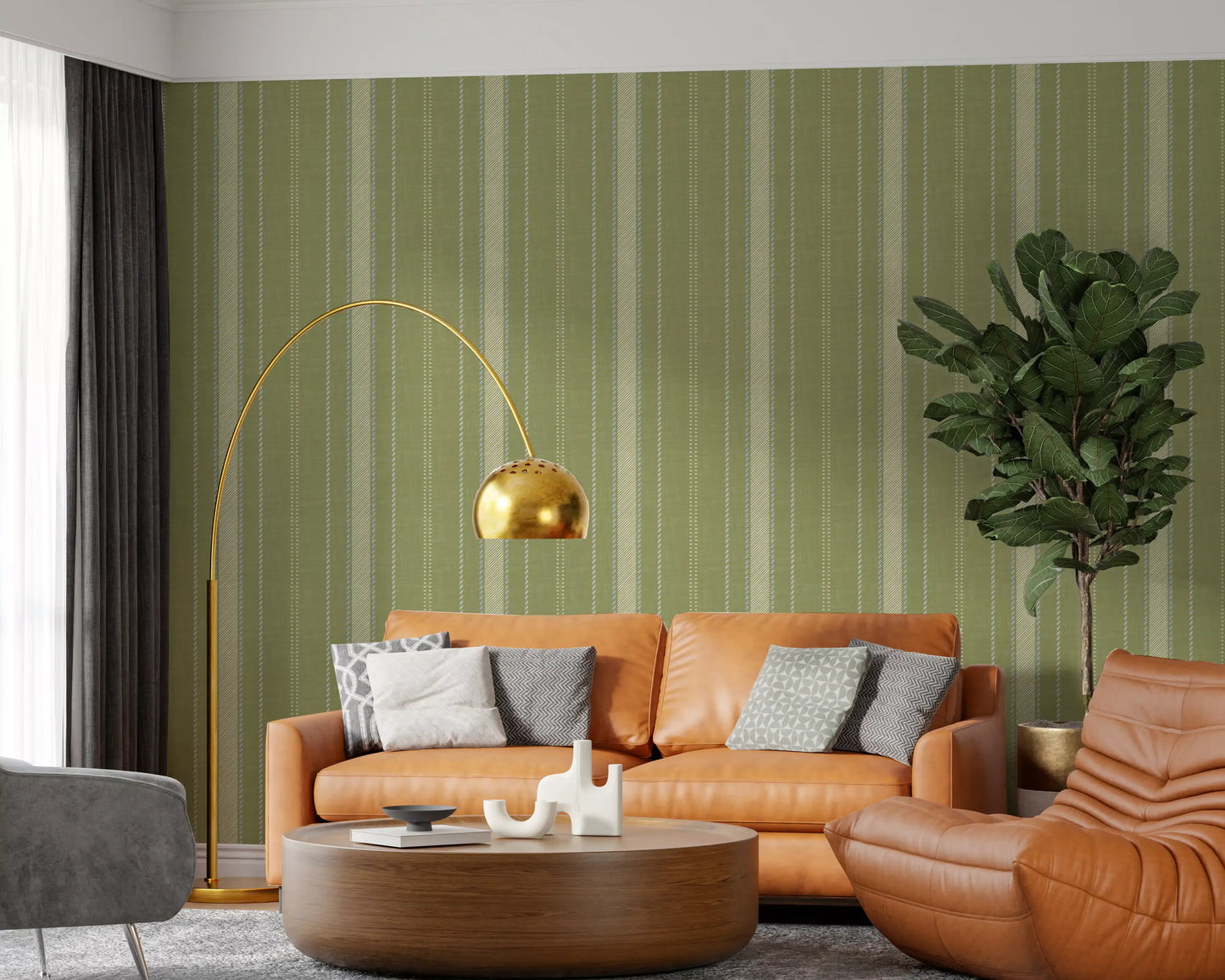 Heritage Ticking Stripes - Vintage Meadow Green & Chalk Linen Texture Wallpaper⁠