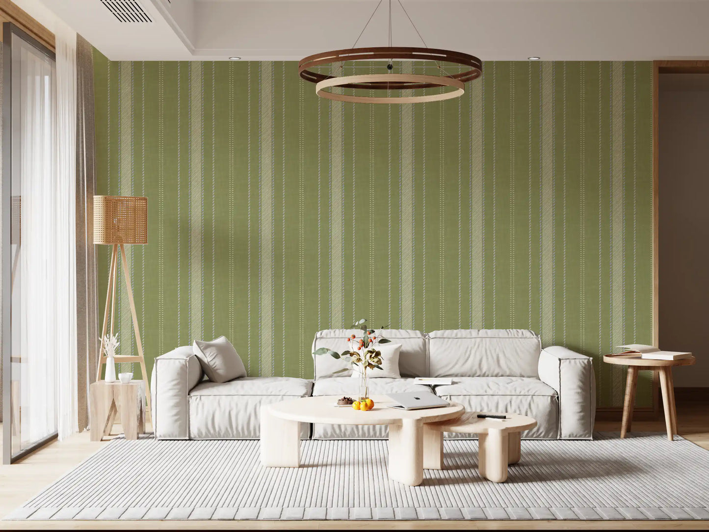 Heritage Ticking Stripes - Vintage Meadow Green & Chalk Linen Texture Wallpaper⁠