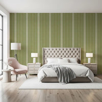 Heritage Ticking Stripes - Vintage Meadow Green & Chalk Linen Texture Wallpaper⁠