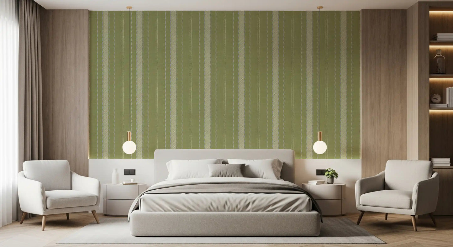 Heritage Ticking Stripes - Vintage Meadow Green & Chalk Linen Texture Wallpaper⁠