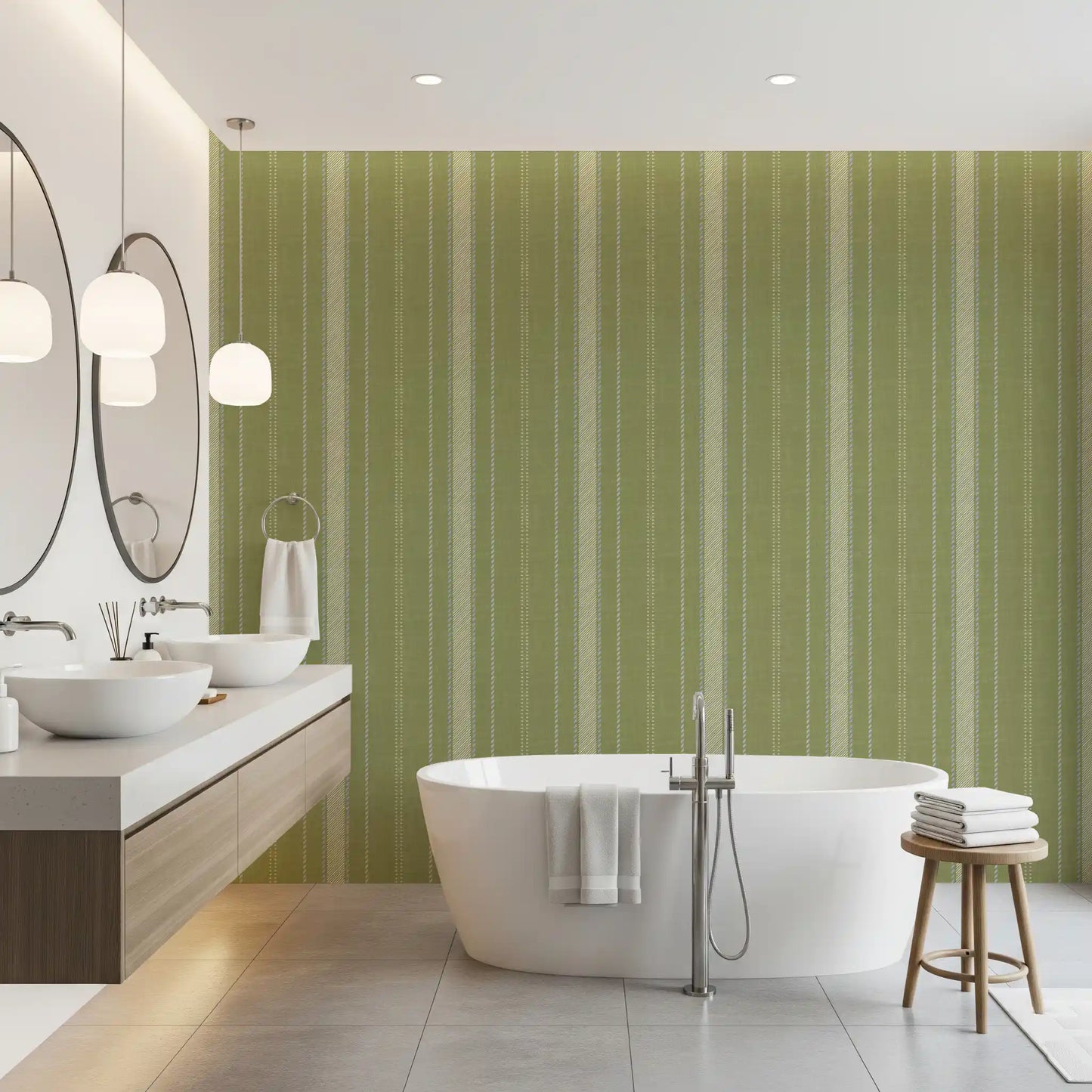 Heritage Ticking Stripes - Vintage Meadow Green & Chalk Linen Texture Wallpaper⁠