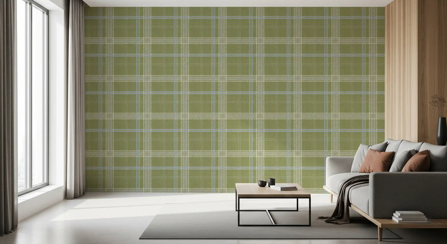Heritage Plaid - Windowpane Tartan Check Linen - Meadow Green & Chalk Wallpaper⁠
